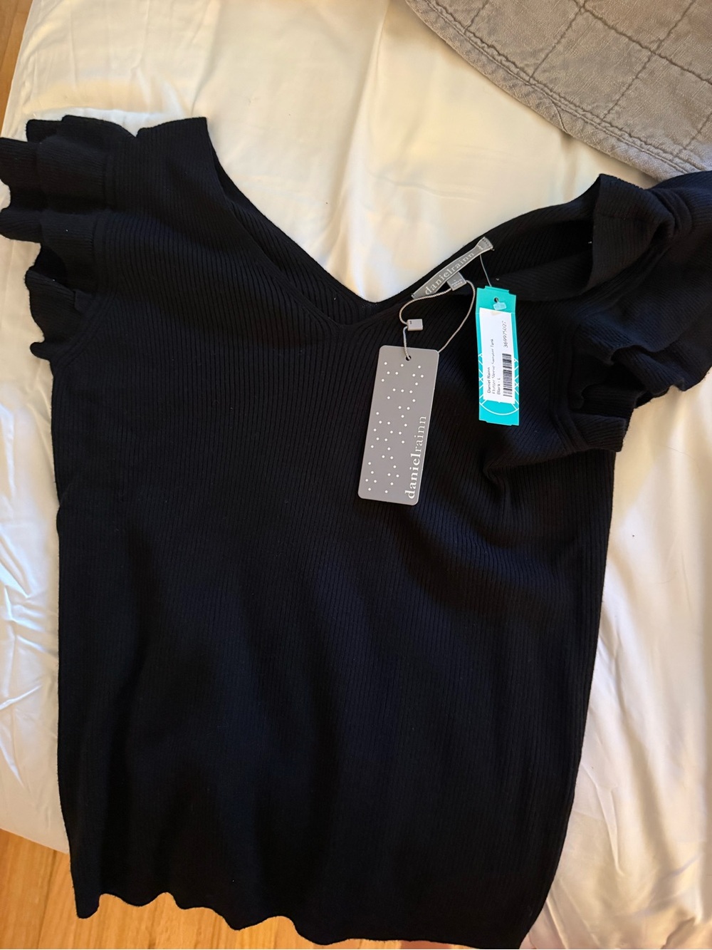 Daniel Rainn Black Ribbed V-Neck Short Sleeve Top with Ruffle Sleeves